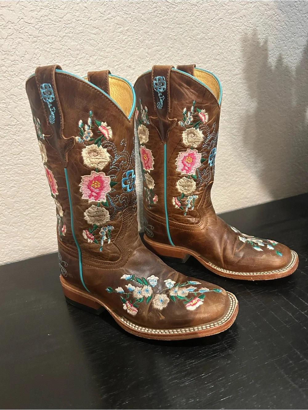 Macie Bean Brown Leather Western Embroidered Ankle Boots with Turquoise Trim